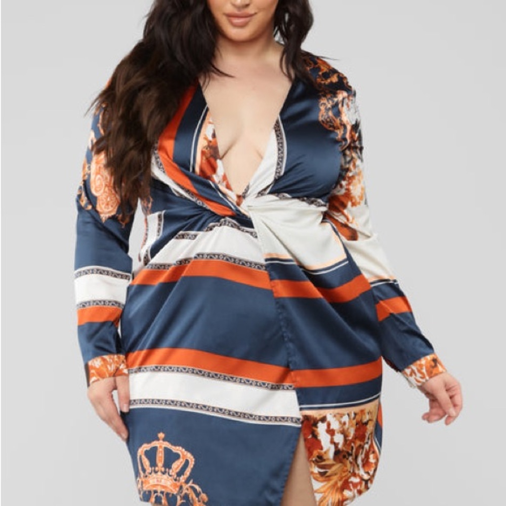 Fashion Nova Navy and Orange Wrap Dress